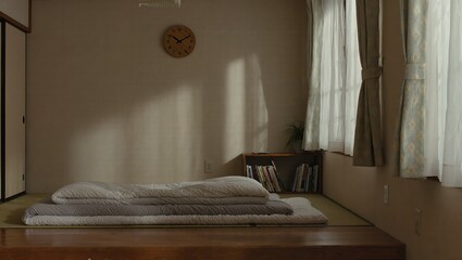 A serene Japanese-style bedroom, bathed in soft sunlight, inviting tranquility and minimalist elegance. Focus on the harmony of space and light.