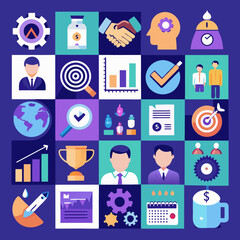Diverse business and finance icons representing growth success teamwork and strategy arranged in a grid pattern