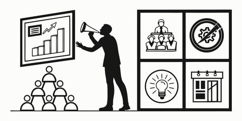 Business presentation with a speaker using a megaphone addressing an audience and showcasing growth charts and icons for teamwork idea and schedule