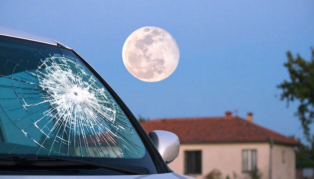 Broken car windshield at night