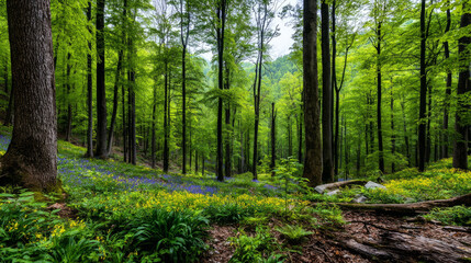 Obraz premium Beautiful forest background for screensaver. with sunbeams. Calm close-up of fairytale forest and nature landscape, panorama. Summer vacation, holiday, amazing nature.