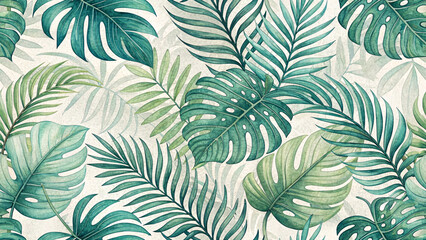 Seamless tropical palm leaves pattern in green tones, summer design