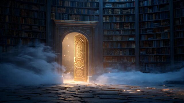 Mysterious glowing door opens into a library filled with old books and hidden knowledge