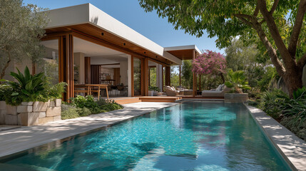 Luxury Villa with Sparkling Pool: A contemporary villa, bathed in sunlight, opens onto a stunning pool, surrounded by verdant gardens and a serene ambiance, evoking a sense of luxury and tranquility.