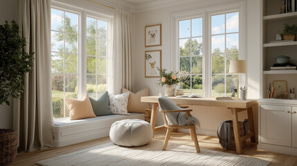 Fototapeta premium Elegant home office with garden view: A bright, airy home office with a large window offering a serene garden view, creating an inspiring workspace. The room features a modern desk.
