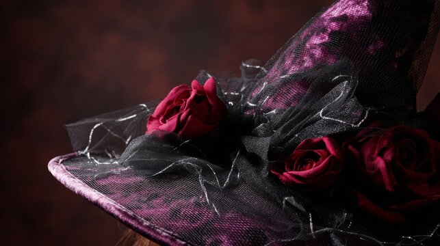 A velvet witch hat adorned with silver cobwebs and black satin ribbon, set against a mysterious moonlit Halloween backdrop.
