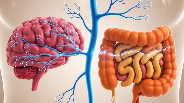 Brain Gut Connection: Neural Pathway Animation - A 3D medical animation depicts the intricate connection between the brain and the gut, highlighting the neural pathways and communication between
