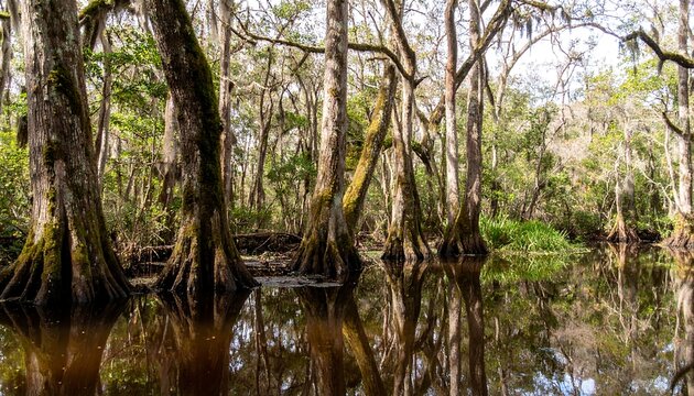 A tranquil swamp landscape showcasing towering cypress trees with intricate root systems reflected in the still water.