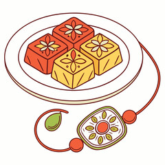 Traditional indian raksha bandhan celebration with sweet treats and decorative rakhi bracelet on a white background