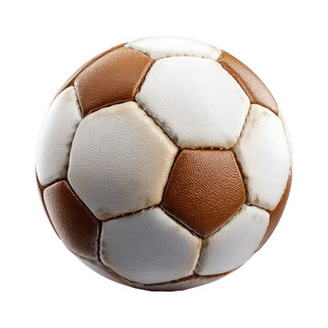 Classic brown and white soccer ball displayed on a plain background highlighting its design and texture