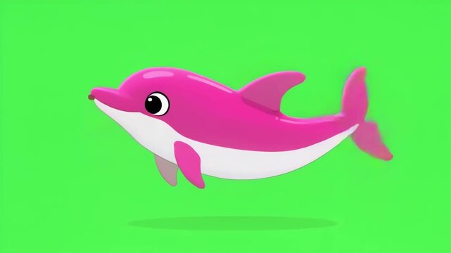 2D Flat Cartoonic Pink and White Dolphin in  on Solid Green Screen Background, Simple Playful Character Animation
