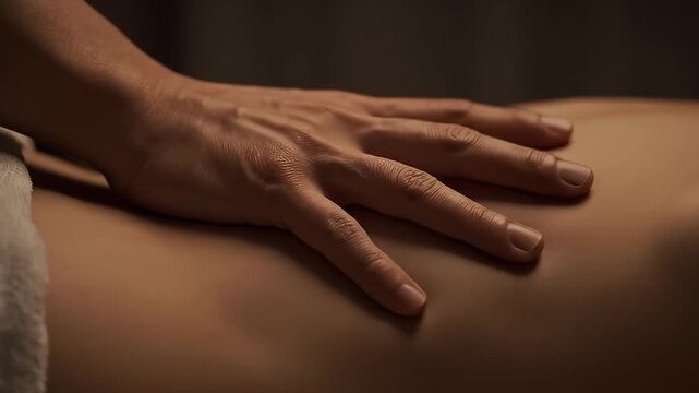 A therapist&rsquo;s hand performs gentle effleurage on an oiled upper back under soft amber light. Tight crop; calm wellness vibe.