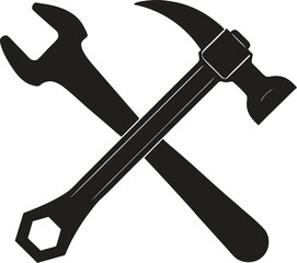 Hammer and wrench crossed silhouette. Tool, repair, construction, maintenance vector isolate on white background