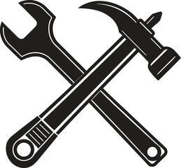 Hammer and wrench crossed silhouette. Tool, repair, construction, maintenance vector isolate on white background