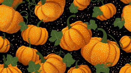 A creative Halloween pattern concept featuring repeating pumpkins in a festive design on black background
