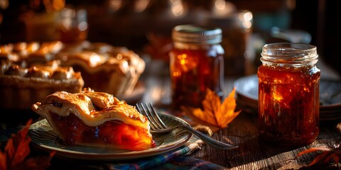 Slice of golden crust apple pie with jars of jam in warm autumn light, perfect for seasonal menu, cozy cafe poster
