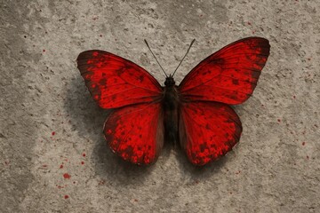 A solitary red butterfly rests on a textured gray surface, its vibrant wings contrasting with the subdued background