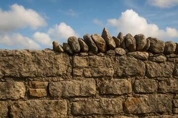 A timeless stone wall stands against the canvas of blue skies, dotted with fluffy white clouds