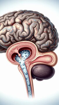 Detailed Anatomical Illustration Showing Grey and Pink Human Brain with Blood Vessels and Cutaway View on a White to Blue Gradient Background