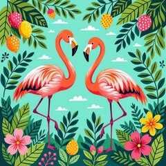 two flamingos on the background of tropical leaves and flowers