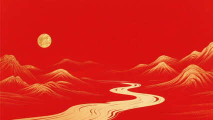 Red and gold traditional Chinese landscape with winding river and mountains