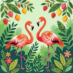 two flamingos on the background of tropical leaves and flowers