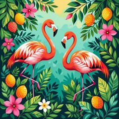 two flamingos on the background of tropical leaves and flowers