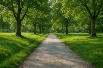 Fototapeta premium A serene pathway through a lush park, where nature's vibrant green meets the earthy brown of the gravel road