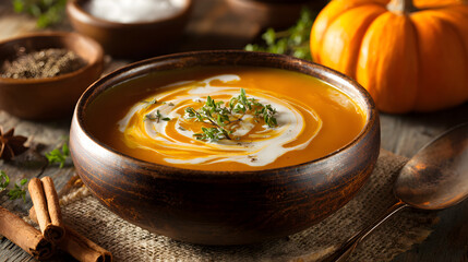 A creamy pumpkin soup fills a deep, rustic bowl, topped with a swirl of cream and herbs. A vibrant orange pumpkin and cinnamon sticks lie nearby, enhancing the cozy autumn vibe of the scene.