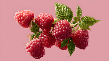 A cluster of fresh, plump raspberries gracefully floats against a soft pink background. Their vibrant red color and delicate green leaves enhance the stunning, playful display of this delicious fruit.