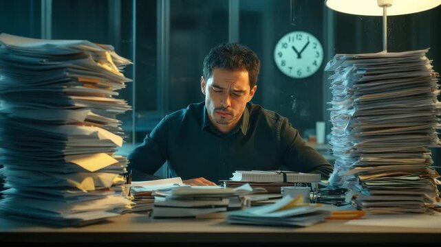 Ultra-Cinematic 4K HDR Video of Overworked Man in Midnight Office with Stacks of Paperwork &ndash; Exhaustion and Stress for World Mental Health Day, Work-Life Balance, and Premium Stock Footage