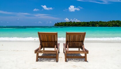 Two wooden beach chairs on a pristine white sand beach