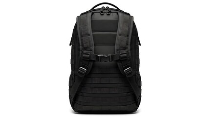 Modern black backpack with tactical straps and adjustable shoulder straps isolated on white background
