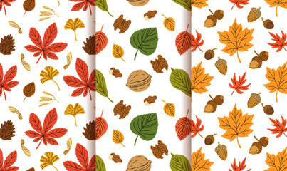Set of seamless patterns with acorns, chestnuts, and autumn oak, maple and other leaves in orange, red, brown and yellow. Perfect for wallpaper, gift paper, autumn greeting cards.