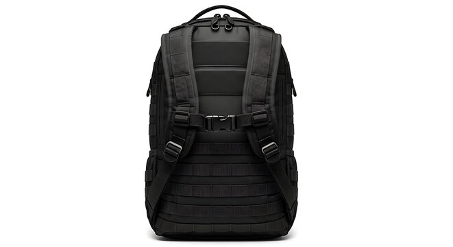 Modern black backpack with tactical straps and adjustable shoulder straps isolated on white background
