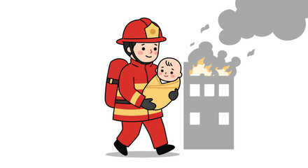 Firefighter Rescuing Baby from Burning Building Illustration
