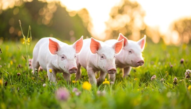Three adorable piglets explore a vibrant meadow bathed in golden sunlight.