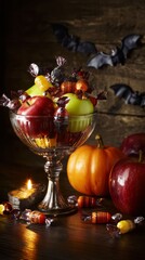 Vintage candy bowl filled with golden-wrapped chocolates, surrounded by autumn leaves and soft orange candlelight.
