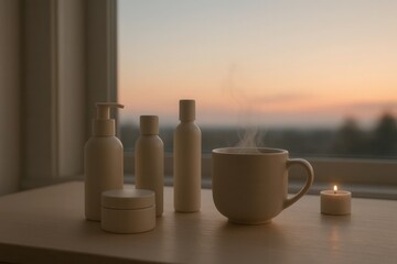 A Collection of Essential Bathroom Items on a Window Sill at Dusk
