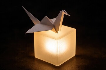 A Paper Crane Perched on a Luminous Cube