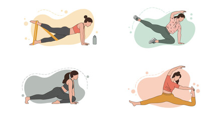 A woman is doing different types of exercises, including stretching, resistance band work, and standing poses isolated on white background