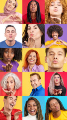 Mosaic of multiethnic people blowing a kiss