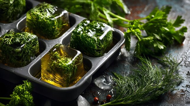 Frozen herb cubes with olive oil in metal tray beside fresh parsley and dill, perfect for cooking tips, recipe blog