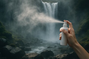 A Hand Holds a Spray Bottle in Front of a Misty Waterfall