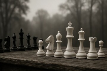 A timeless chess game unfolds on a foggy wooden board, where the silent pawns await their next move