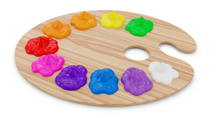 Wooden artist's palette with vibrant globs of colorful paint ready for creative expression.