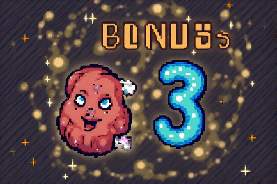 Pixelated Bonus Illustration with a Smiling Character and the Number Three