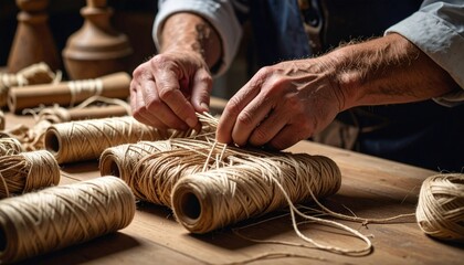 Craftsman Threading Twine On Wooden Table