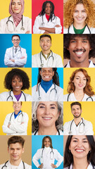 Mosaic of variety of smiling doctors in uniform
