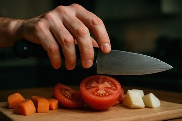 A chef's hand expertly slices a ripe tomato on a wooden cutting board